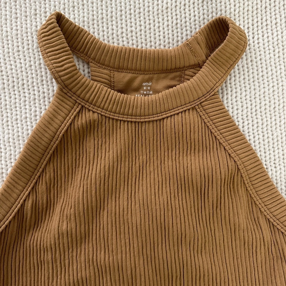 Aerie Superchill Seamless High Neck Ribbed Halter Bra Top in Beach Dune Size M - Picture 6 of 8